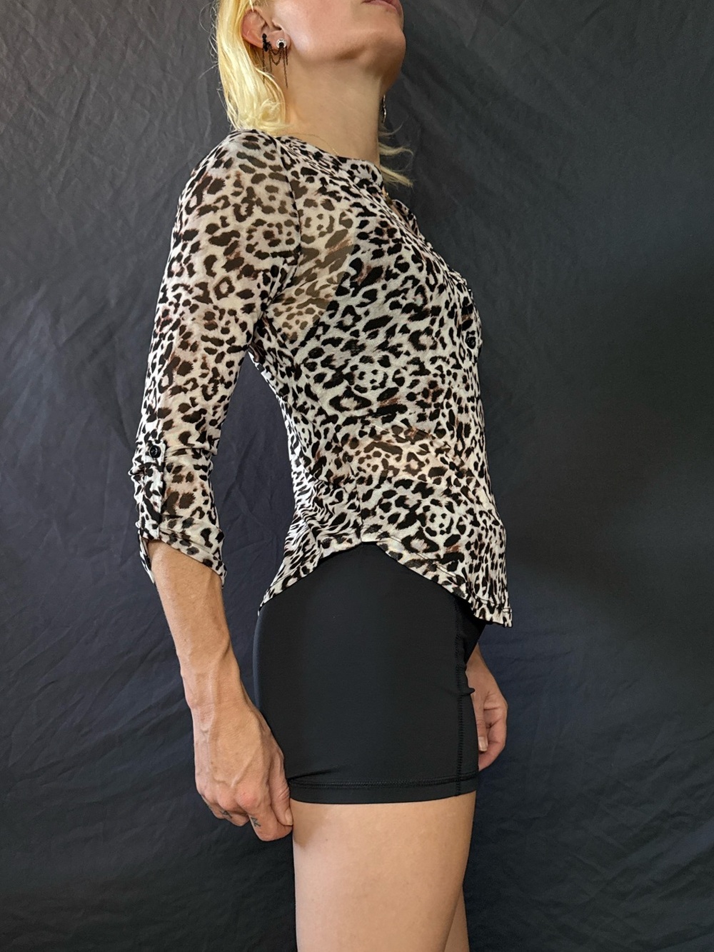 Leopard Print Sheer Long Sleeve Top - Black & Cream